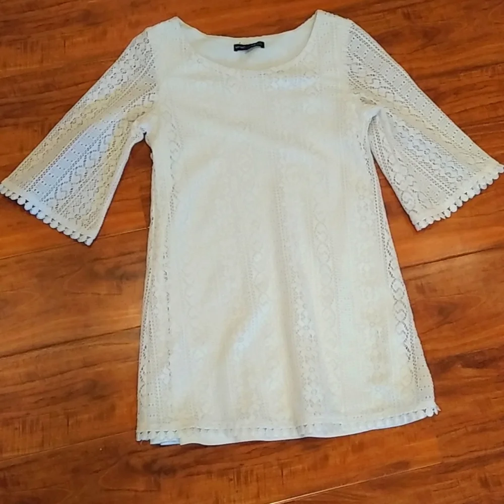 My Michelle Girls White Lined Lace Dress with Unlined Bell Sleeves, 10
